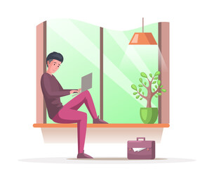 Window overlooking nature vector illustration. Cozy room with window and houseplant. House interior design elements. Man on windowsill with view to trees. Male employee with working with computer