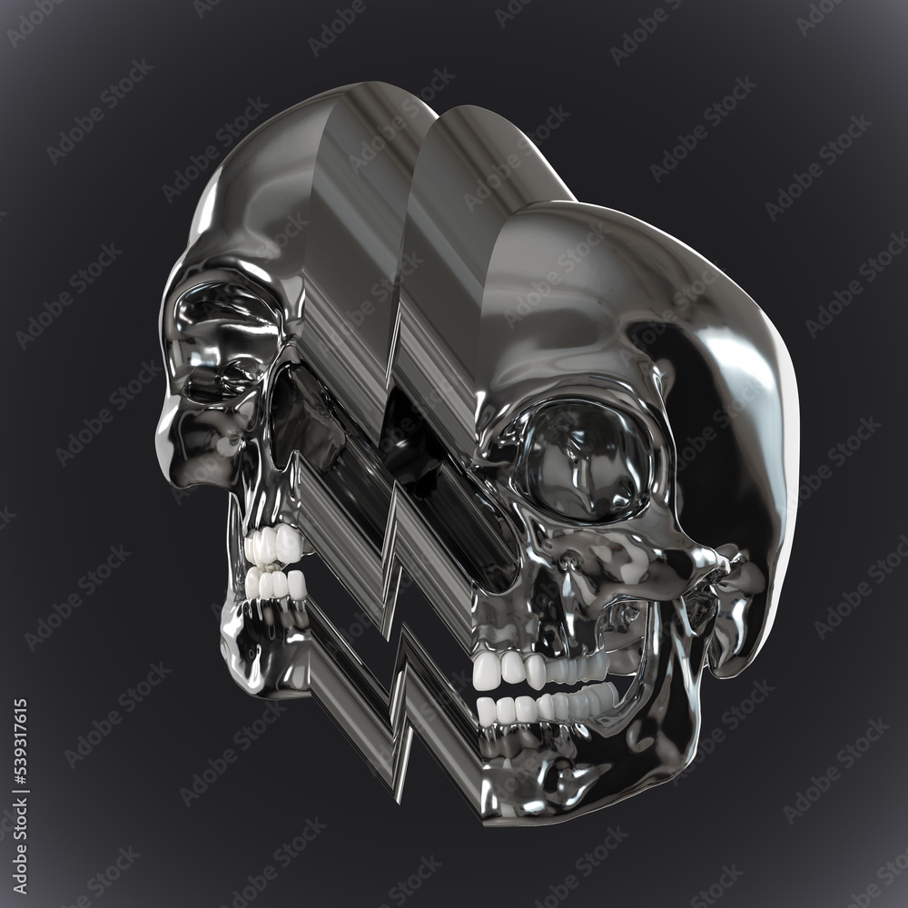 Poster abstract illustration from 3d rendering of glitch pixel stretch deformed skull in shiny chrome refle