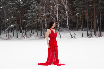 beautiful brunette girl in a thin red dress and barefoot in the winter forest