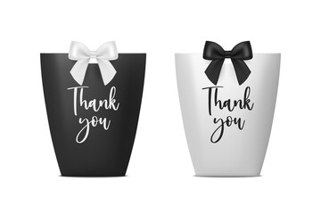 Thank You. Vector 3d Realistic Black and White Paper Gift Bag, Box for Birthday or Party with Gift Bow, Ribbon. Carry Bag for Present Icon Set Isolated on White Background