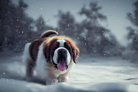 Saint Bernard dog in the snow at Christmas