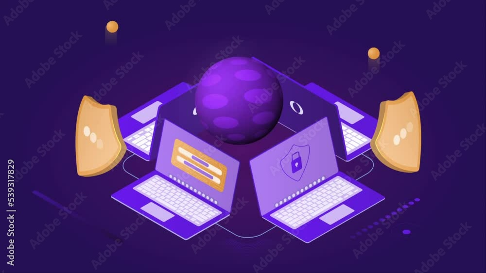 Poster cyber security video concept. moving banner with system for protecting information from hacker attac