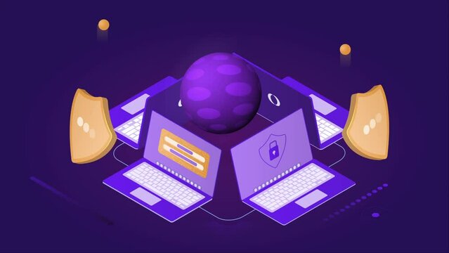 Cyber Security video concept. Moving banner with system for protecting information from hacker attacks. Internet security, password and authorization to gain access. Isometric graphic animated cartoon
