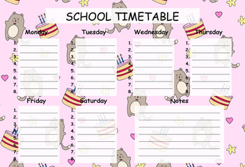 School timetable, weekly class schedule on a blue blackboard background. JPG colorful educational supplies.