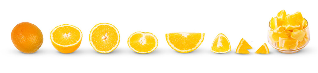 Collection banner of whole and sliced fruit oranges and bowl with sliced ​​oranges pieces on white background