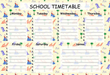 School timetable, weekly class schedule on a blue blackboard background. JPG colorful educational supplies.