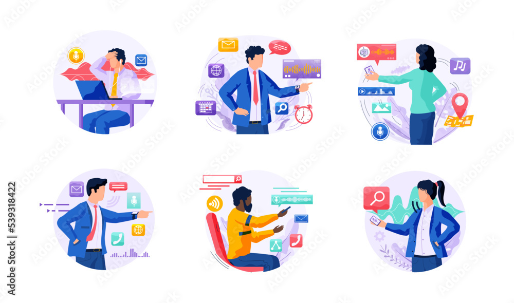 Poster voice assistant. smart speaker virtual assistant, sound robot, people using voice controlled smart s