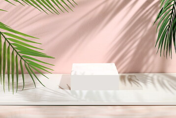 Abstract background with natural wooden podiums and long shadows on a pink wall, an empty showcase...