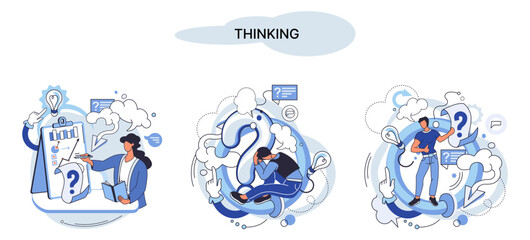 Fototapeta premium Problem solving metaphor, wondering or thinking, planning or pondering, with question mark. Creative thought idea. Brainstorming, idea and fantasy, motivation and inspiration, finding solution, answer