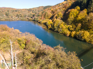 Obraz premium Aerial Autumn view of Pasarel reservoir, Bulgaria