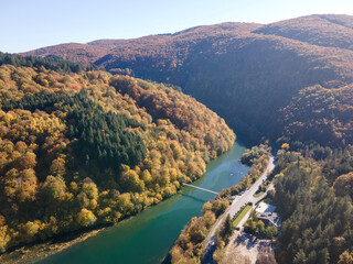 Fototapeta na wymiar Aerial Autumn view of Pasarel reservoir, Bulgaria