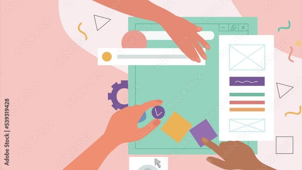 Poster ui ux design video concept. moving hands of web developers or creative designers create wireframe fo