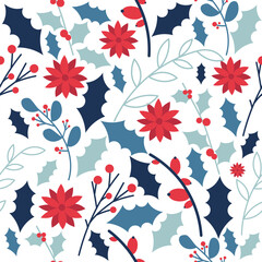 Seamless pattern with poinsettia,mistletoe and branches