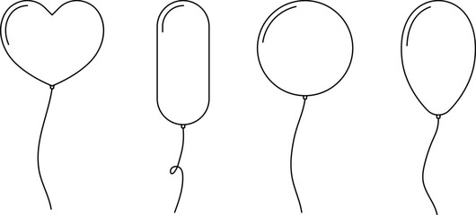 Balloon outline icons. Balloon with string in line cartoon style. Different shapes of ballons for birthday, party and wedding. Black contour of baloon silhouettes  © Volodymyr