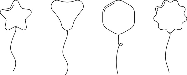 Balloon outline icons. Balloon with string in line cartoon style. Different shapes of ballons for birthday, party and wedding. Black contour of baloon silhouettes  © Volodymyr