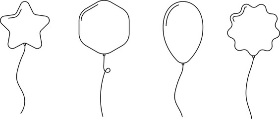 Balloon outline icons. Balloon with string in line cartoon style. Different shapes of ballons for birthday, party and wedding. Black contour of baloon silhouettes  © Volodymyr