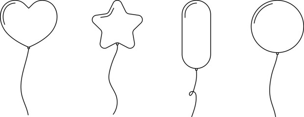 Balloon outline icons. Balloon with string in line cartoon style. Different shapes of ballons for birthday, party and wedding. Black contour of baloon silhouettes  © Volodymyr