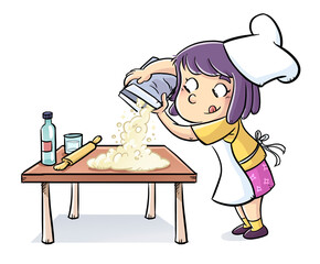 Illustration of little girl cooking with ingredients on the table - obrazy, fototapety, plakaty