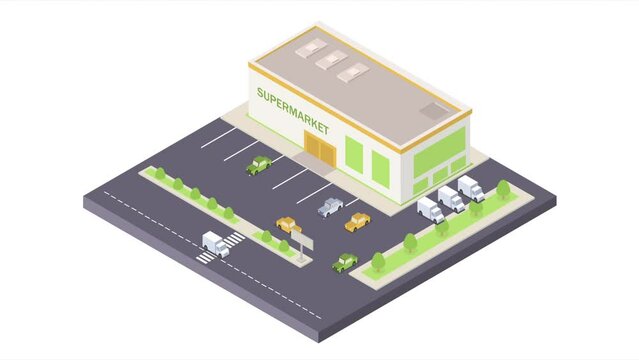 Isometric supermarket video concept. Moving banner with grocery store, city infrastructure and parking for shop visitors. Design element for games or advertising. 3D graphic animated cartoon