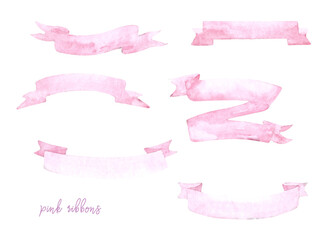 Watercolor hand painted ribbons illustrations set isolated. Pink sign, banners,place for text for baby shower,greeting card, wedding,invitation card design, place for text