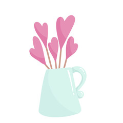 Cartoon vase with valentines.Vector graphics.