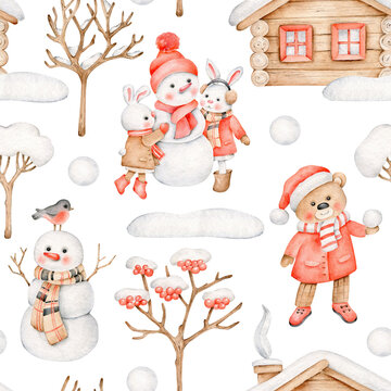 Winter pattern.Snowman, bear, rabbits, trees, snow, house.Christmas background.