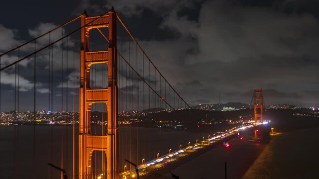 Golden Gate Bridge traffic night timelapse with San Francisco skyline in backgound
California, USA