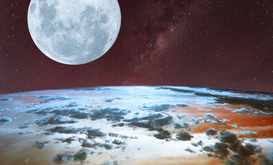 Planet with moon and starry sky.