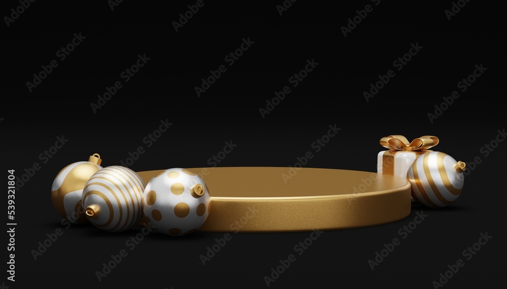 Poster christmas background with podium for product display. 3d rendering. black background.