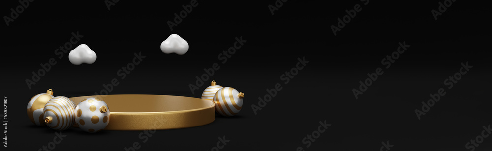 Poster christmas background with podium for product display. 3d rendering. black background.