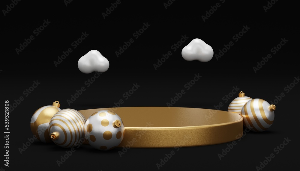 Poster christmas background with podium for product display. 3d rendering. black background.
