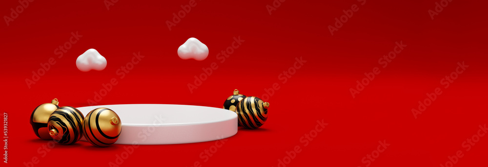 Poster christmas background with podium for product display. 3d rendering. red background.