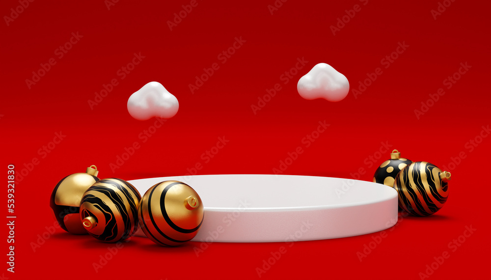 Poster christmas background with podium for product display. 3d rendering. red background.
