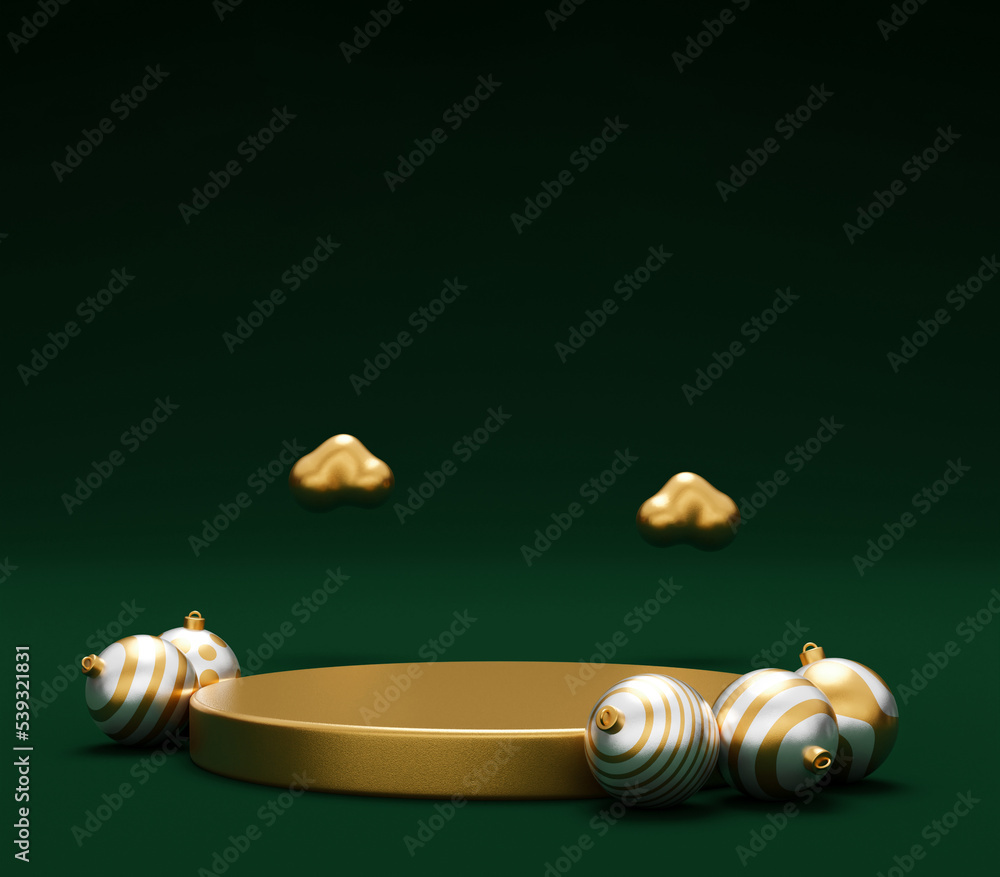 Poster christmas background with podium for product display. 3d rendering. green background.