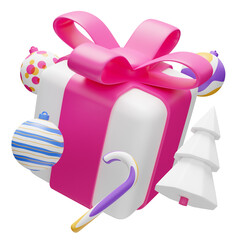 New Year and Christmas 3d design. Realistic gifts box, xmas fir tree, ball, candy and decorative elements holiday banner. 3d render image of christmas holiday