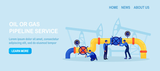 Oil industry, gas production. Operators control oil and gas transportation from plant with oil pipeline. Fossil resource. Fuel products. Engineers in workwear inspect petroleum pipelines