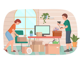 Family moving to new house, people moving to new house, carrying things to apartment, changing place of residence, relocation. Unpacking things after shipping, decorating home. Rental of premises