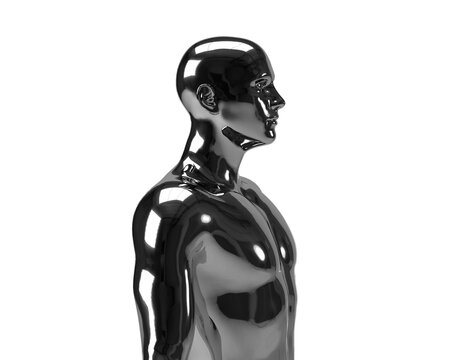 3D illustration of a male silver torso on a white background. metal mannequin.