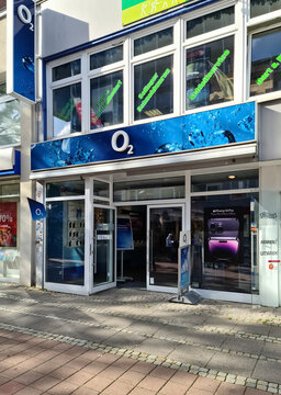 Kiel, Germany - 16. October 2022: Entrance of a smartphone store  of the company O2.
