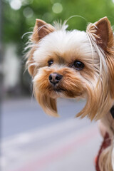 small dog yorkshire terrier on a leash looks curiously into the distance