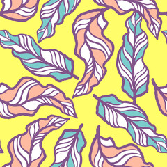 Fototapeta na wymiar Nature seamless pattern with hand drawn twig, tree branch with leaves, tropical forest, summer time. Ecological rural theme for poster print, wrapping paper, wallpaper, clothes textile, fabric design.