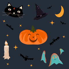 The cute Halloween cartoon icons. Holiday symbols.
Vector illustration for party and greeting postcard.