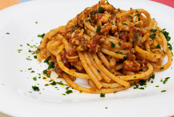 Bucatini pasta with gurnard ragout.