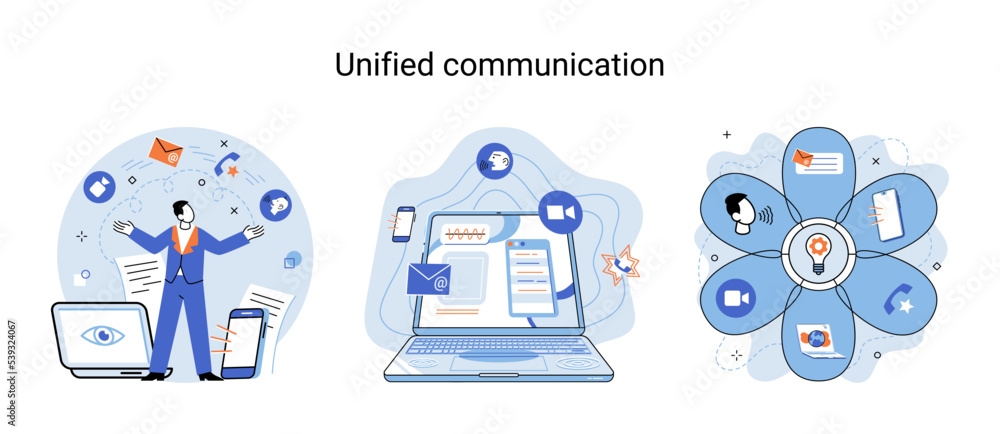 Poster unified communication metaphor. characters use wireless telephony connection. telecommunication syst