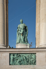 Fototapeta na wymiar Andrew II of Hungary Statue in the Millennium Monument at Heroes Square - Budapest, Hungary