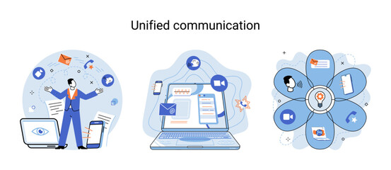 Unified communication metaphor. Characters use wireless telephony connection. Telecommunication system via cloud or network. Social media creative idea. Online social network. Business interaction app - obrazy, fototapety, plakaty
