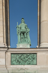 Fototapeta na wymiar John Hunyadi Statue in the Millennium Monument at Heroes Square - Budapest, Hungary