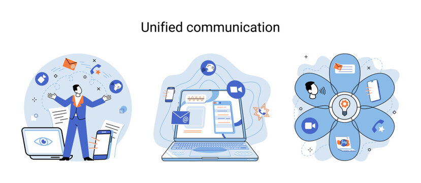 Unified communication metaphor. Characters use wireless telephony connection. Telecommunication system via cloud or network. Social media creative idea. Online social network. Business interaction app