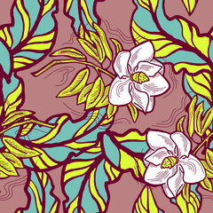 Nature seamless pattern with hand drawn twig, tree branch with leaves, tropical forest, summer time. Ecological rural theme for poster print, wrapping paper, wallpaper, clothes textile, fabric design.