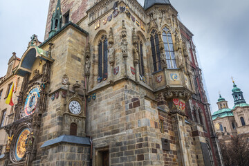 Obraz premium Astronomical clock in Prague old town square at night, Czech Republic